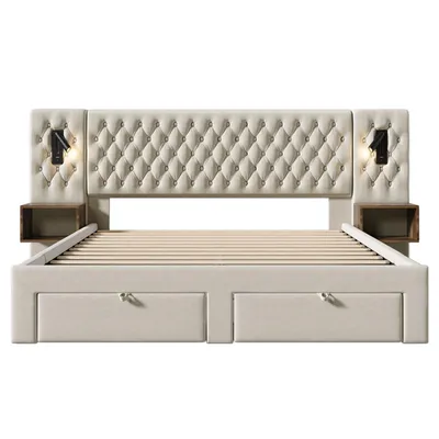 Produktbild von Flieks Polsterbett 160x200cm mit USB und Leselampe, Doppelbett Stauraumbett mit Nachttisch und 4 Schubladen, Holzbett Funktionsbett, Samt, Beige