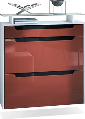 Produktbild von Vladon Schuhschrank Annie, Schuhkipper für 16 Paar Schuhe mit 2 Klappen, 1 Schublade und Glasablage, Weiß matt/Bordeaux Hochglanz/Schwarz Hochglanz (89 x 96 x 23 cm)