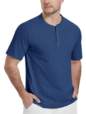 Produktbild von KEFITEVD Herren Henley-Shirt Baumwolle Polo Ohne Kragen Blau S