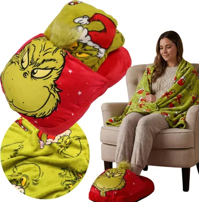 Produktbild von Grinch Weihnachtsgeschenkset: Decke 110 × 140 cm + Fußwärmer, Winter-Set