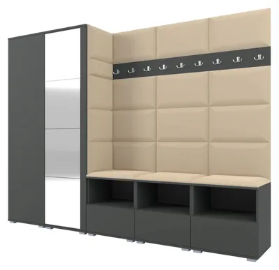 Obrázek produktu pro Šatní skříň NELA VII 250 cm, modulární nábytek do předsíně XL, grafitová, se zrcadlem a sedákem, béžová 04 (univerzální)