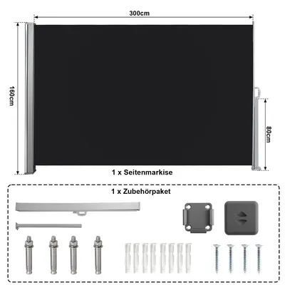 Obrázek produktu pro Jiubiaz Boční markýza Výsuvná balkonová antracitová ochrana proti slunci Plná kazetová zástěna na ochranu soukromí Antracit 160*300cm