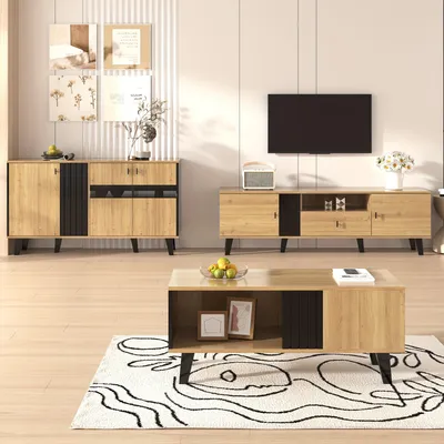 Image de Organisateur mural moderne en bambou - meuble de rangement avec portes et étagères - finition marron naturel