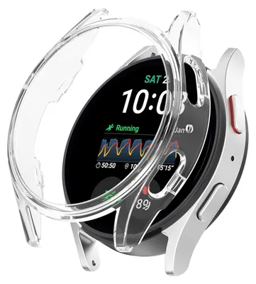 A clear plastic case is shown covering a smartwatch.