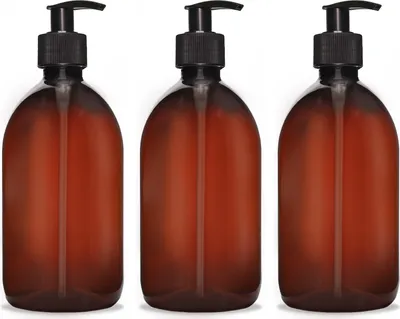 Zdjęcie produktu dla 3 butelki PET o pojemności 500 ml, brązowe, gwint ROPP28, z dozownikiem mydła i zakrętkami