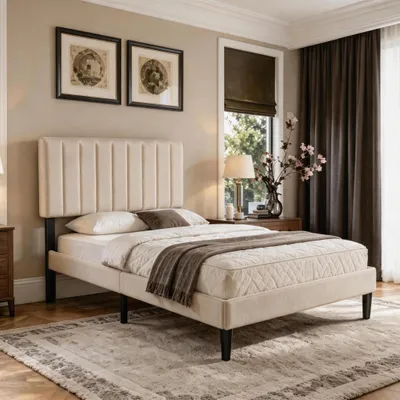Produktbild von Polsterbett 90x200 cm, Bettgestell mit Höhenverstellbarem Kopfteil und Lattenrost, Stabiler Bettrahmen, Bis 300 kg, Gepolstertes Bett, Beige