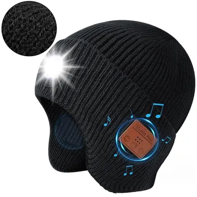 Produktbild von Mütze mit LED Licht, Wiederaufladbare USB Stirnlampenmütze Winter Warme Strickmütze LED Beanie Mütze mit Licht für Herren Damen