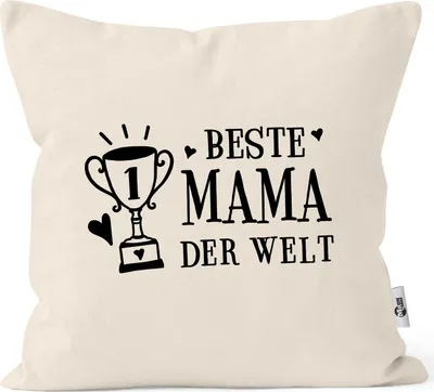 Produktbild von Kissen-Bezug Geschenk zum Muttertag Beste Mama der Welt Pokal Kissen-Hülle Deko-Kissen Baumwolle MoonWorks® natur unisize