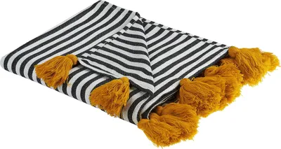Produktbild von BELIANI Decke Schwarz Weiß 130 x 170 cm Gestreift mit Fransen in Orange für Wohnzimmer Schlafzimmer Sofa Sessel