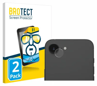 A product packaging box for screen protectors is shown next to a smartphone with a camera lens protector applied.