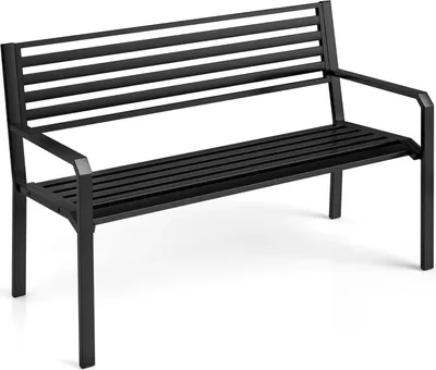 A black metal park bench with a slatted seat and backrest, shown from a three-quarter angle against a white background.
