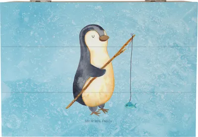 Produktbild von Mr. & Mrs. Panda Geschenkbox Pinguin Angler 22 x 15 cm - Eisblau - Geschenk, Wochenende, Angelurlaub, Schatzkiste, Box, geschenkkiste, Fischer, Holzbox, aus Holz, Plan