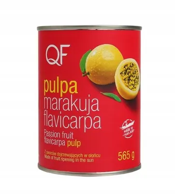 A can of passion fruit pulp on a white background.
