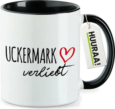 Produktbild von Huuraa Kaffeetasse Uckermark verliebt 330ml Schwarz Keramik Kaffeebecher Geschenkidee