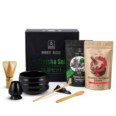 Produktbild von Mary Rose - Matcha Tee Geschenkset Ceremonial 30g & Erdbeere 50g - Keramik Schale Yoru 500ml - Bambus Chasen Besen Löffel - Für Red Matcha Latte