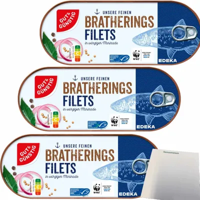 Produktbild von Gut & Günstig Bratheringsfilets in würziger Marinade 3er Pack (3x325g Dose) + usy Block