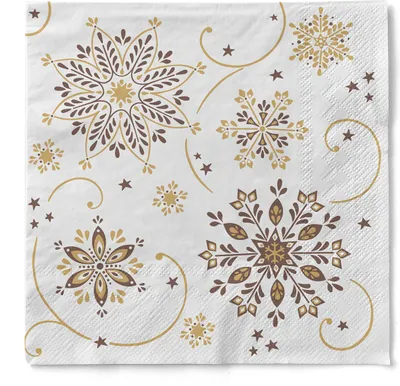Produktbild von Tissue Serviette Cristal in Braun-Gold, 3-lagig, 33 x 33 cm, 100 Stück - Mank - Schneeflocken Eiskristalle Weihnachten