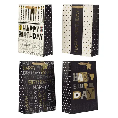 Produktbild von 12 Stück Geschenktaschen Happy Birthday Gold 30 x 42 x 12 cm