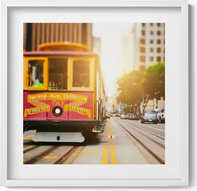 Produktbild von Straßenbahn in San Francisco– Wandbild mit Rahmen – Gerahmtes Bild  – Wanddekoration – 50x50 cm –  Weiß Rahmen