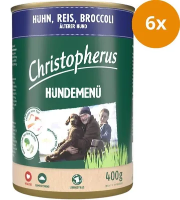 Produktbild von Christopherus Hundemenü Senior mit Huhn, Reis, Broccoli 400g, Senior, jede Rasse, Brokkoli, Huhn, Reis, 400 g, Ohne Soja
