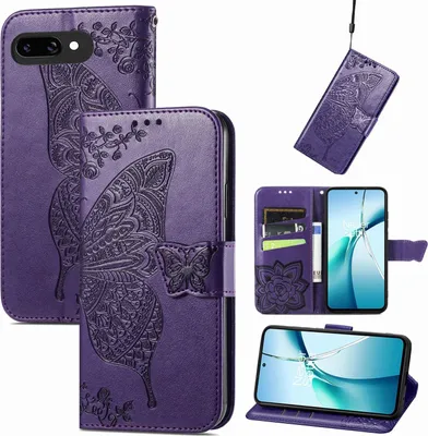Produktbild von Für Google Pixel 9a Kunstleder Wallet Handy Tasche Schmetterling Design Hülle Etuis Lila