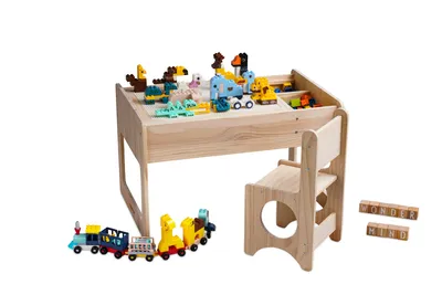 Produktbild von WonderMind® Montessori Kinder-Werkbank-Set aus Holz (DUPLO und LEGO kompatibel) im Set inkl. Stuhl, Bauklötze & Schreibset