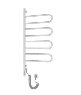 A silver electric towel warmer with four foldable arms, mounted on a white background.