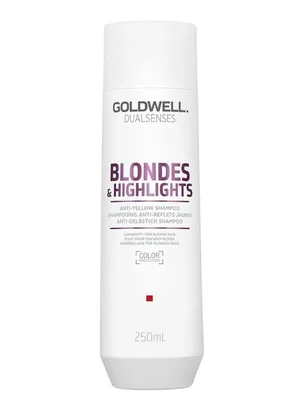 A white bottle of Goldwell Dualsenses Blondes & Highlights Anti-Yellow Shampoo.