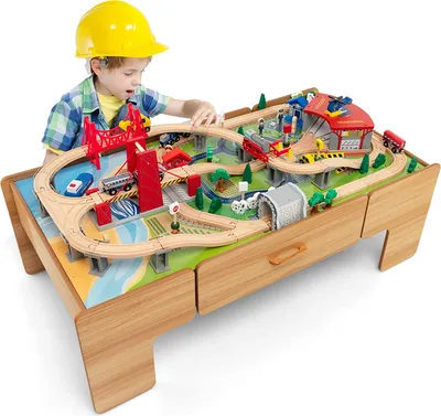 Produktbild von GOPLUS 100-teiliges Eisenbahnset und Spieltisch aus Holz, Mehrzweck-Spieltisch mit wendbarer & Abnehmbarer Tischplatte, große Schublade, Züge, Gleise, Fahrzeuge, Spielzeug für Kinder ab 3 Jahren