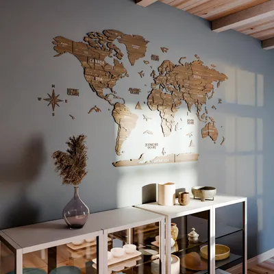 Produktbild von Holz-Weltkarte Wandkunst – 3D Holz Pinnwand Karte, Reise Geschenk Braune Betül M 100cm