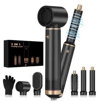 Produktbild von 5-in-1 Haarstyler - Warmluftbürste - Haartrockner, Glätteisen und Lockenstab - 1000 W - Für trockenes und nasses Haar - 80–120 °C - Schwarz