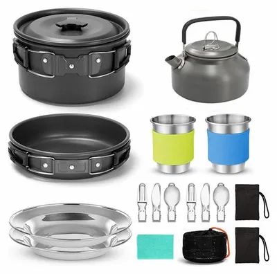Produktbild von Camping-Kochset, 15-teilig, Leichtgewicht, Anti-Anbacher, RVS-Messzeiten, Bordsätze, Gabeln, Löffel für Camping, Rucksacken, Außenkochen, Picknick