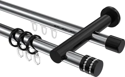 Produktbild von Interdeco Rundrohr-Innenlaufstange / Gardinenstange (Kombination) Chrom / Schwarz, Typ Platon Estana (Glitzerkappe), 20 mm Ø 2-läufig, 480 cm