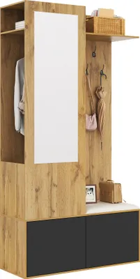 Immagine prodotto di Fortuna Lai Il set guardaroba comprende 5 appendiabiti, uno specchio, una scarpiera, una mensola superiore con spazio nascosto per appendere e una panca guardaroba per l'ingresso.