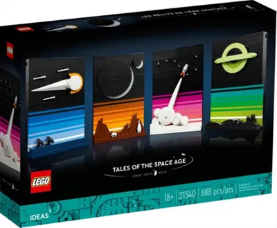 Produktbild von LEGO 21340 Ideas Geschichten aus dem Weltraumzeitalter, Wanddekoration-Set für Erwachsene, 4 baubare 3D-Postkartenmodelle mit Space Shuttle und Sternen inspiriert von Science-Fiction der 1980er Jahre