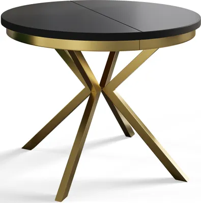 A round dining table with a black top and gold metal legs, presented on a white background.