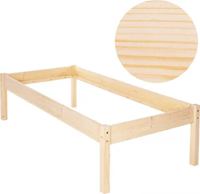 A wooden bed frame on a white background with a close-up view of the wood grain.