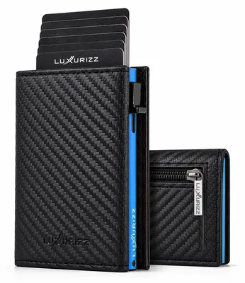 Produktbild von Luxurizz Slim Wallet Herren mit Magnetverschluss, Pop-Up Kartenhalter mit RFID-Schutz, Carbon Blau