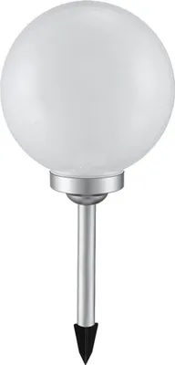 A white globe solar light on a silver pole with a black pointed base.
