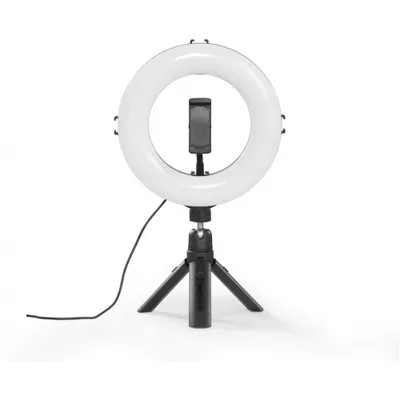 A ring light with a smartphone holder and a tripod, shown against a white background.