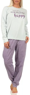 Produktbild von Damen langarm Schlafanzug Pyjama mit Schriftzug und karierter Hose - 66536 ; türkis , 48