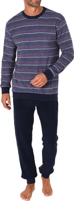 Produktbild von Herren Frottee Pyjama Schlafanzug lang mit Bündchen in Streifenoptik - auch in Übergrössen ; rot , 62