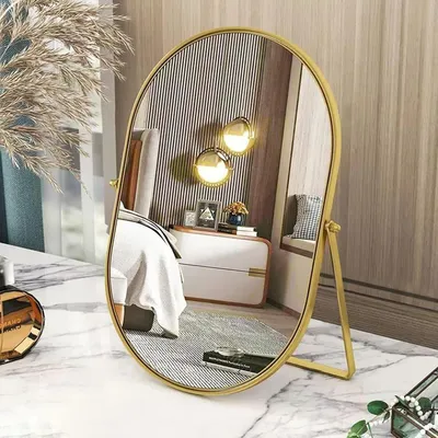 Image de Miroir ovale, doré, avec cadre en métal, pivotant, idéal pour une chambre à coucher