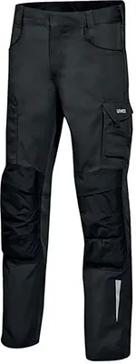 A pair of black cargo pants with gray accents, shown against a white background.