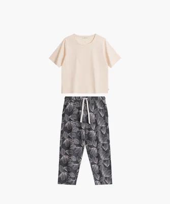 Produktbild von Atlantic Damen Pyjama Baumwolle | Shirt glatt + 3/4-Hose mit Blumenmuster | Kurzarm | Frühling-Sommer | Homewear | NLP-488
