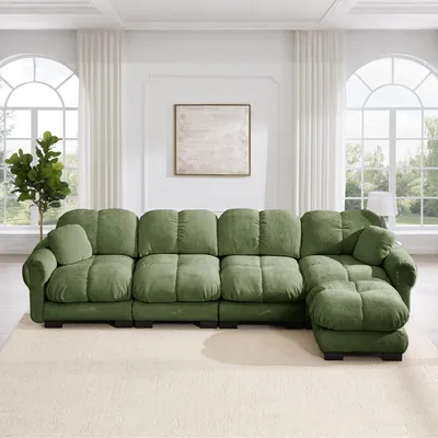 Productafbeelding van Hoekbank voor de woonkamer, geschikt voor 4 personen, met chenille bekleding, modulair, met een losse, verplaatsbare poef, stikseldesign (lichtgrijs)