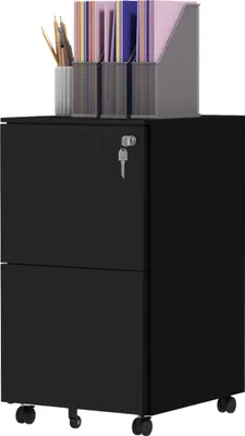 Produktbild von Rollcontainer Aktenschrank Schwarz 2 Schubladen abschließbar rollbar 37x43,5x67,5 cm mobiler Archivschrank Büroorganisation