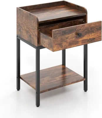 A product shot of a wooden nightstand with a black metal frame, featuring an open drawer.