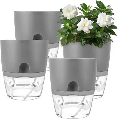 Productafbeelding van Zelfwaterende bloempotset van 4 stuks - Kunststof - Geschikt voor binnen en buiten - Geschikt als bloempot of kruidenpot - Gemaakt van hoogwaardig materiaal - Bloempot
