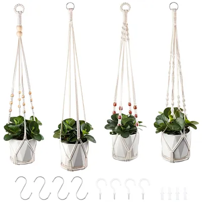 Image de Suspensions pour plantes en macramé – Lot de 4 suspensions décoratives de style bohème pour pots de fleurs et plantes, décoration d'intérieur et d'extérieur